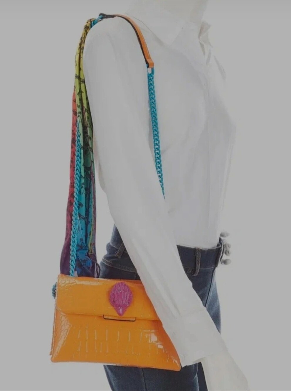 Kurt Geiger Orange Croc-Embossed Shoulder Bag with Pink Emblem - Picture 13 of 13